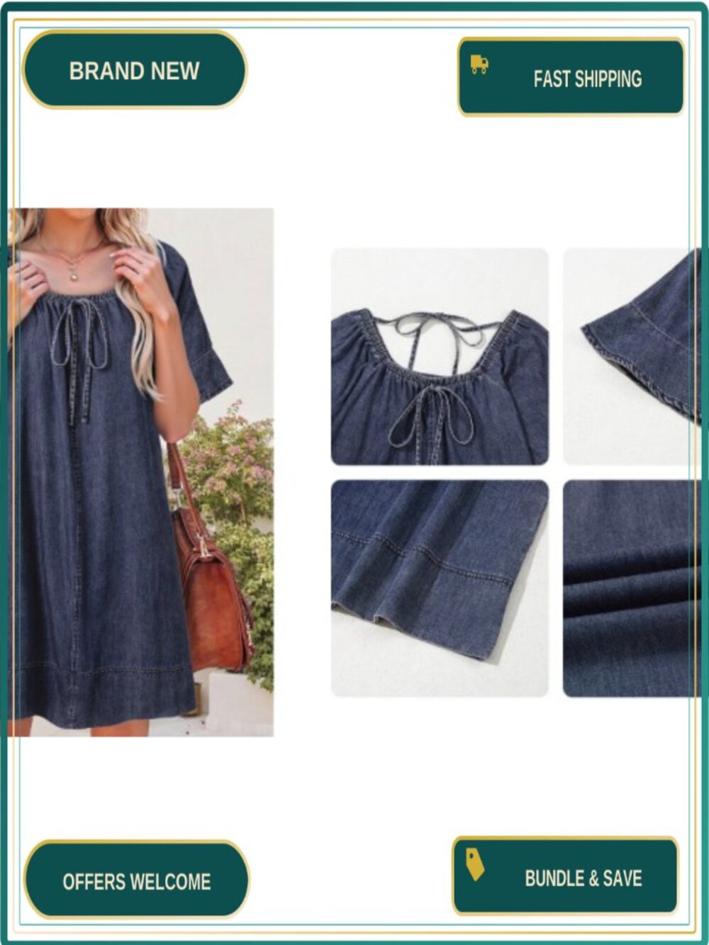 Dokotoo Women's Denim Dress Lightweight Flowy Tie Knot Cotton Jean Dress - Picture 6 of 6